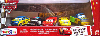 Axle Accelerator (variant), Charlie Checker (orange taillights), Lightning McQueen (with Rusteze sticker), Race Official Tom - 5 Pack