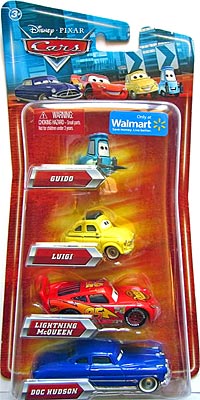 Walmart 4 Pack - Luigi, Lightning McQueen (with Rusteze sticker), Guido, Doc Hudson