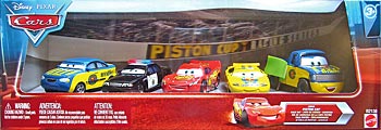 Axle Accelerator (variant), Charlie Checker (orange taillights), Lightning McQueen (with Rusteze sticker), Race Official Tom - 5 Pack