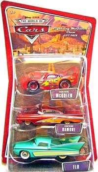 Lightning McQueen (without Rusteze sticker), Lightning Ramone, Flo - 3 Pack