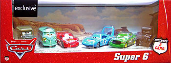 Sarge, Fillmore, Lightning McQueen (without Rusteze sticker), The King, Chick Hicks, Lizzie - 6 Pack